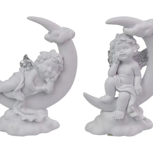 Cherub with Silver Wings Resting on Moon