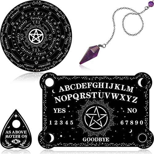 Pendulum Dowsing Divination Board with Amethyst Set (Metaphysical Message Board Crystal Dowsing Pendulum Necklace) Wooden Board Talking Board with Planchette for Wiccan Supplies (Star Style)