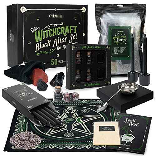 Witchcraft Supplies Wiccan Tools for Beginners - 50 Set Witchy Gifts Starter Kit Box - Crystals for Witchcraft Dried Herbs Spell Jars Candles - Spiritual Altar Witch Stuff for Pagan Gothic Room Decor