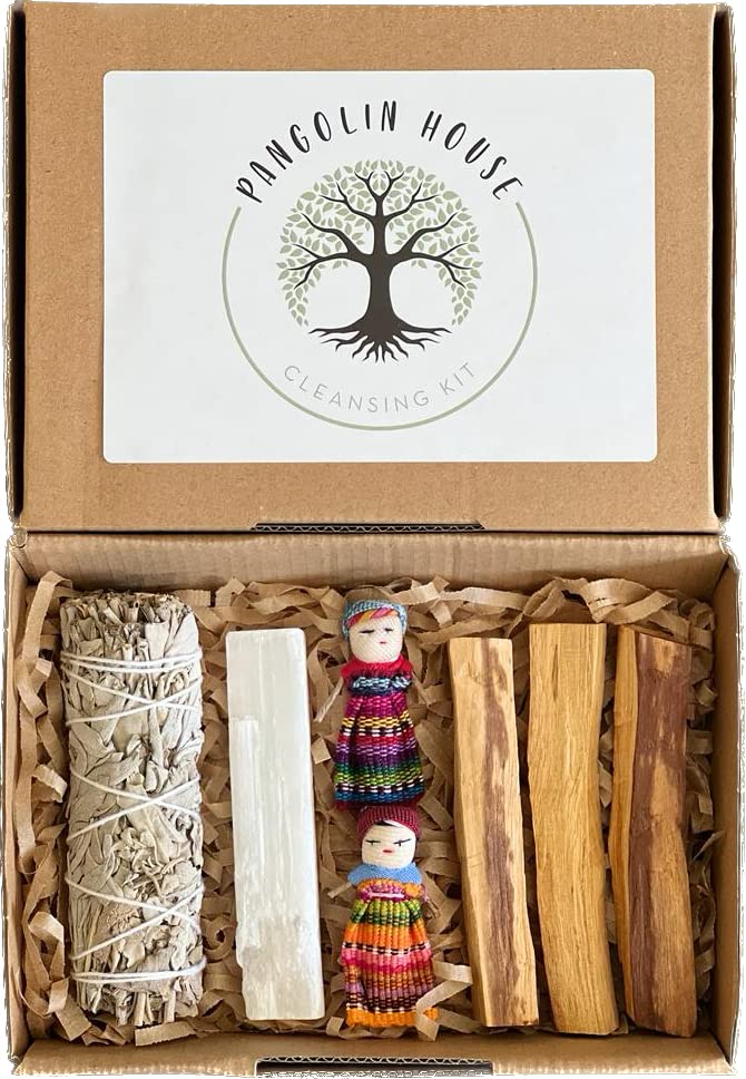 Pangolin House Gift Set Cleansing Kit sage Smudge Sticks Palo Santo Wood, Selenite Healing Crystal & Worry Dolls. Peace and Calm Provides Clarity Clears Blocked Energy Helps Access Your Intuition