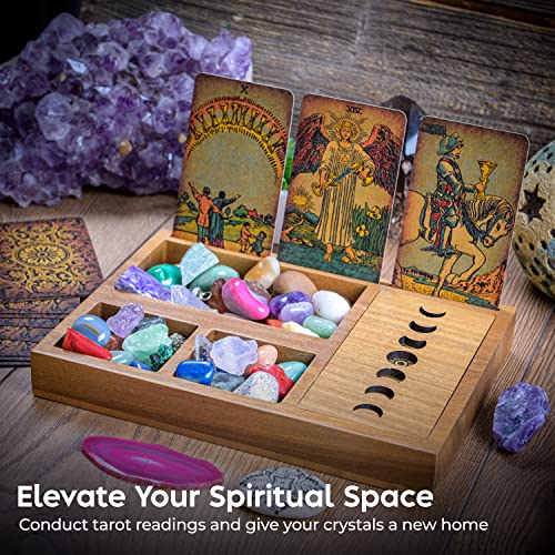 Curawood Tarot Card Holder Box for More Immersive Readings - 3 Tarot Card Stand & Crystal Holder - Moon Phase Design Tarot Display Deck Holder & Crystal Tray - Witchcraft Decor - Wiccan Altar Supplies