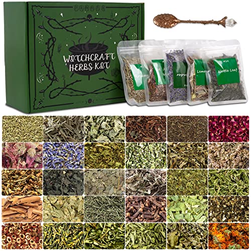 Witchcraft Supplies Herbs Kit for Witch Beginners - 30 Pack Different Dried Herbs for Wicca, Pagan and Wiccan Rituals, Altar Supplies, Magic Spells, Soap Making，with Metal Spoon