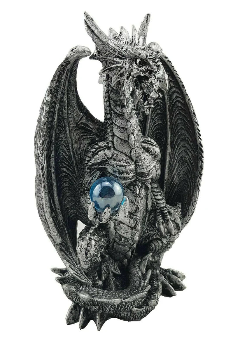 Silver Dragon Holding Blue Orb